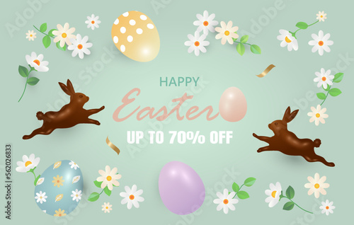 Easter banner with chocolate rabbits, Spring flowers and beautiful painted eggs. Concept of Easter egg hunt or egg decorating art.
