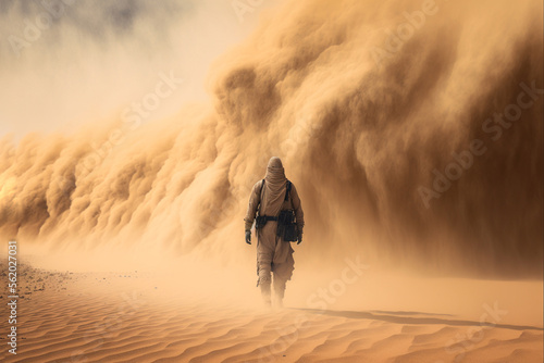 Man walking in sandstorm- Generative ai photo