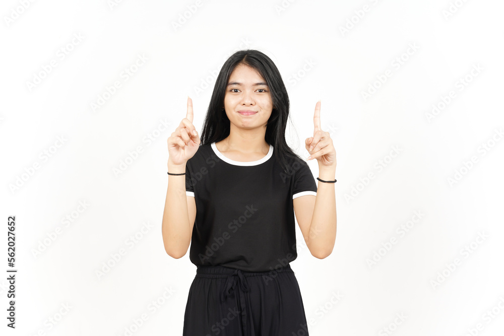 Smiling and Pointing Up showing blank copy space Of Beautiful Asian Woman Isolated On White Smiling and Pointing Up showing blank copy space Of Beautiful Asian Woman Isolated On White