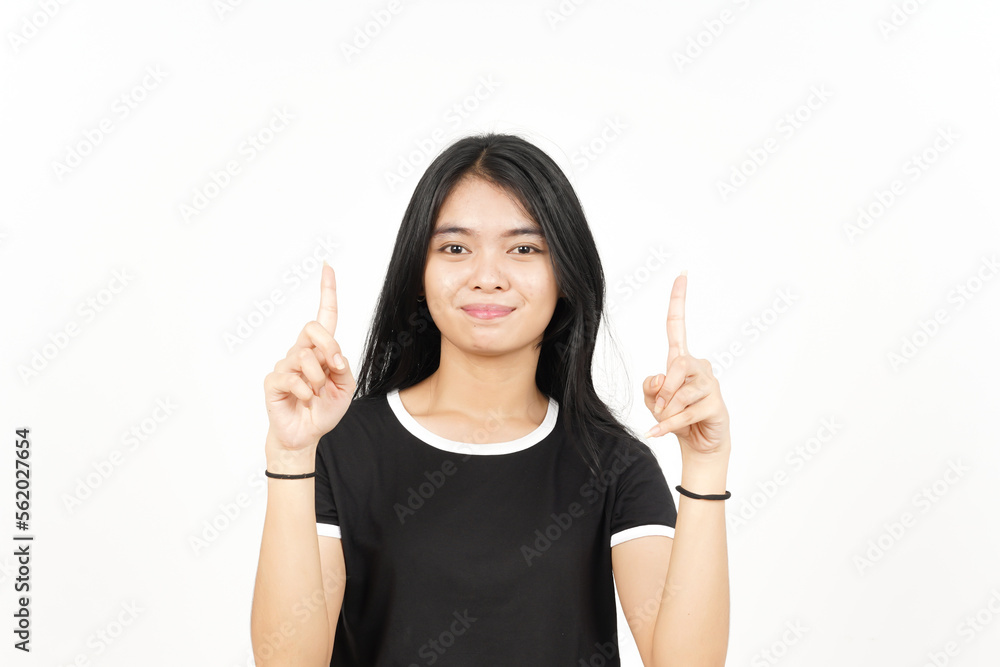 Smiling and Pointing Up showing blank copy space Of Beautiful Asian Woman Isolated On White Smiling and Pointing Up showing blank copy space Of Beautiful Asian Woman Isolated On White