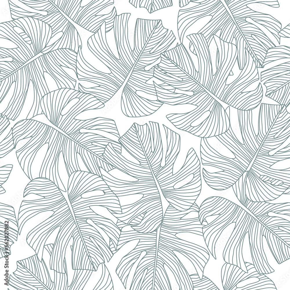 Leaves Line Drawing Pattern. Tropical Leaves Black Line Sketch on White Background. Leaves Linear Style Seamless Pattern. Monstera Print. Vector EPS 10.