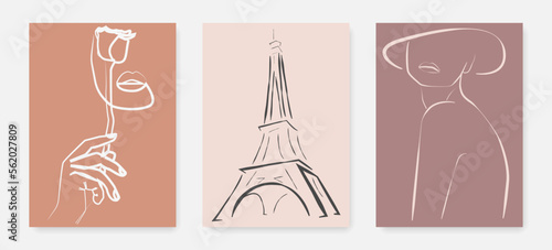 Elegant Female Silhouette, Flower and Eiffel Tower Line Art Drawing Set. Fashion Minimalist Illustration. Female Minimal Sketch Drawing. Beauty Line Art for Home Decor, Wall Decor. Vector EPS 10 