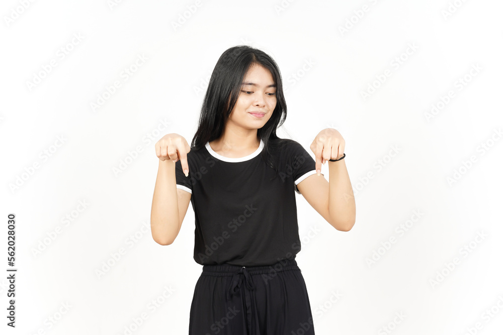 Smiling and Pointing Down showing blank copy space Of Beautiful Asian Woman Isolated On White Smiling and Pointing Down showing blank copy space Of Beautiful Asian Woman Isolated On White