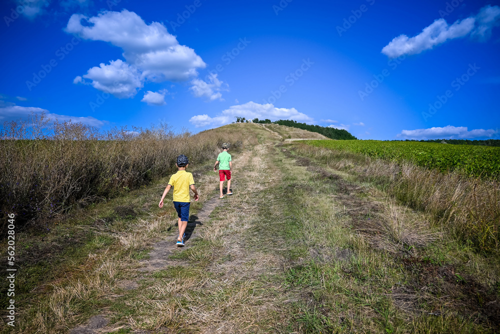 Two boys of school age are walking and admiring the view of the mountains, children in bright clothes. Travel with children summer concept