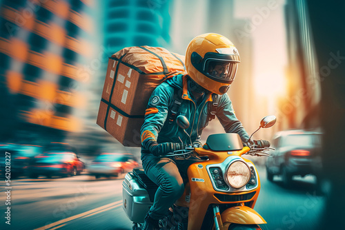 Delivery man riding scooter with package behind, fast delivery by scooter service. Ai generative illustration.