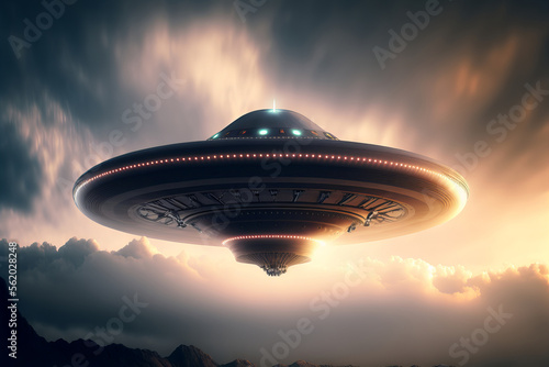 UFO an alien saucer hovering over cloudy sky  ai generative illustration.