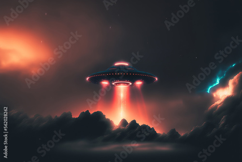 UFO, alien spaceship with extraterrestrial visitors, flying saucer hovering motion in the sky, ai generative.