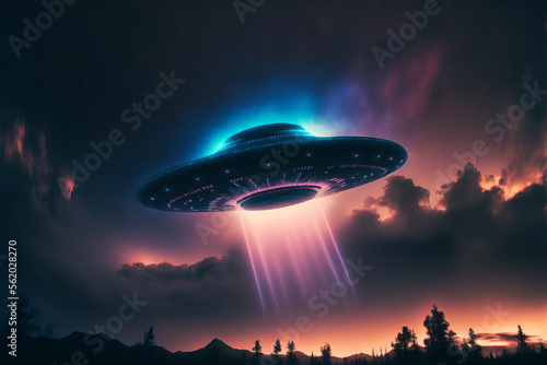 UFO, an alien plate soars in the sky, alien invasion, extraterrestrial life, space travel, ai generative illustration.