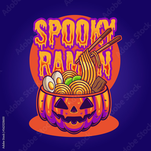 Japanese ramen noodle on scary pumpkin bowl illustration
