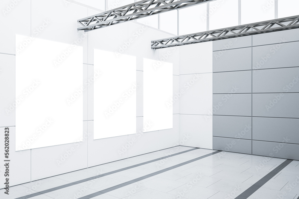 Fototapeta premium Modern empty white garage interior with mock up poster frames. Warehouse concept. 3D Rendering.