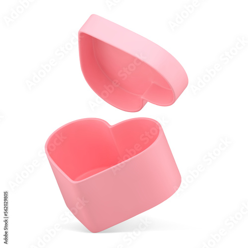 Open pink empty gift box heart shape for festive surprise storage 3d icon realistic vector
