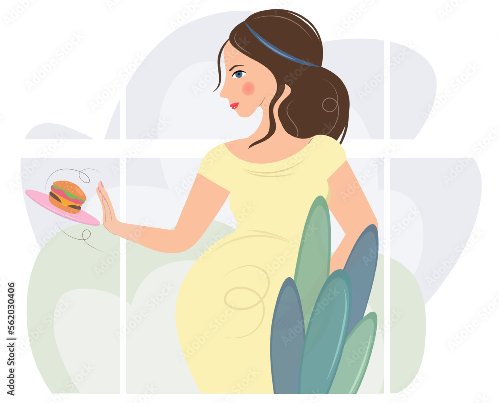 A pregnant woman refuses a hamburger. No fast food. Unhealthy, fatty, high-calorie food. Diet and healthy lifestyle. Vector flat isolated illustration. The concept of healthy eating, safe pregnancy. A pregnant woman refuses a hamburger. No fast food. Unhealthy, fatty, high-calorie food. Diet and healthy lifestyle. Vector flat isolated illustration. The concept of healthy eating, safe pregnancy.