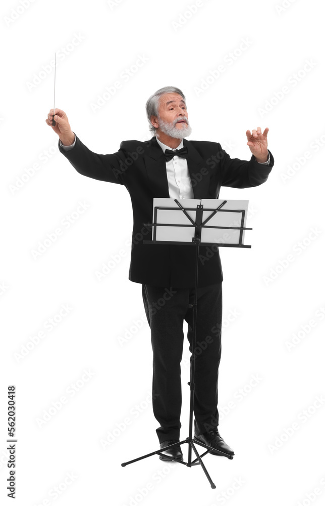 Professional conductor with baton and note stand on white background Professional conductor with baton and note stand on white background