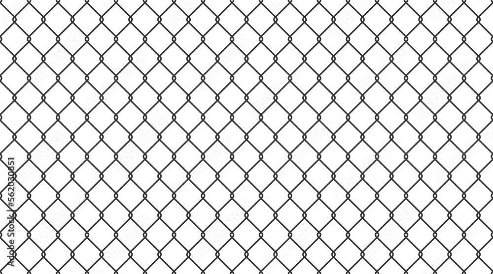Steel wire chain link fence seamless pattern. Metal lattice with rhombus, diamond shape silhouette. Grid fence background. Prison wire mesh seamless texture. Vector illustration on white background. - obrazy, fototapety, plakaty 
