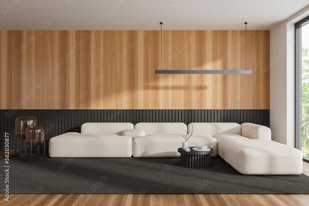 Front view on bright living room interior with sofa Front view on bright living room interior with sofa