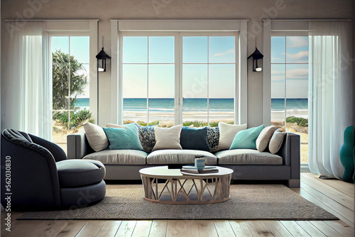 Large living room with a sea view in a lavish summer beach home, modern furniture. interior of a holiday house or villa - generative ai