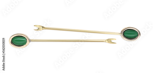 New stylish forks for canapes on white background, top view