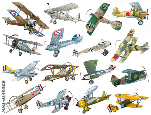 Valokuva 16 types of Early period biplane fighter illlustration set.