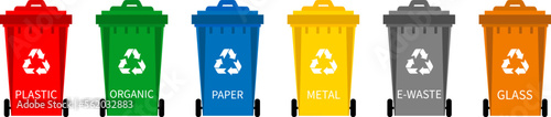 Trash can vector icon set.Set of colorful waste containers for garbage . Trash can for plastic,metal, glass, paper ,e-waste and organic.Wastebin.Garbage can.Wastebasket.Dustbin icon.
