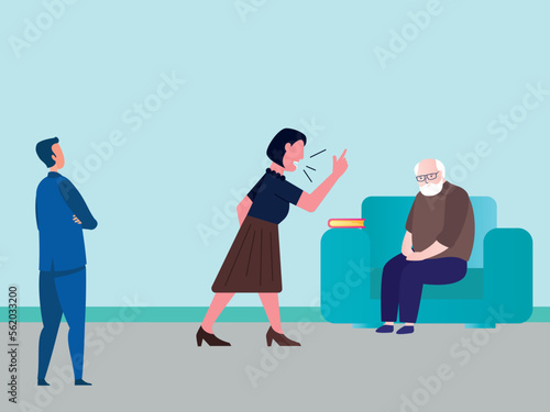 Concept of family violence and bad relations between relatives. Adult daughter in law and daughter yells at elderly father. Female character scream at grandfather. Angry man arguing with old relative.
