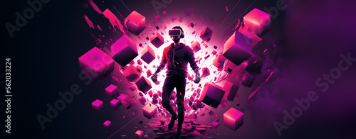 AI Metaverse concept collage design with man wearing VR headset floating though abstract shapes, man with smart glasses futuristic technology Generative AI