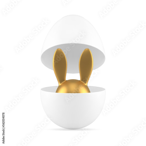 Easter egg open bauble with golden bunny head long ears 3d icon realistic vector illustration