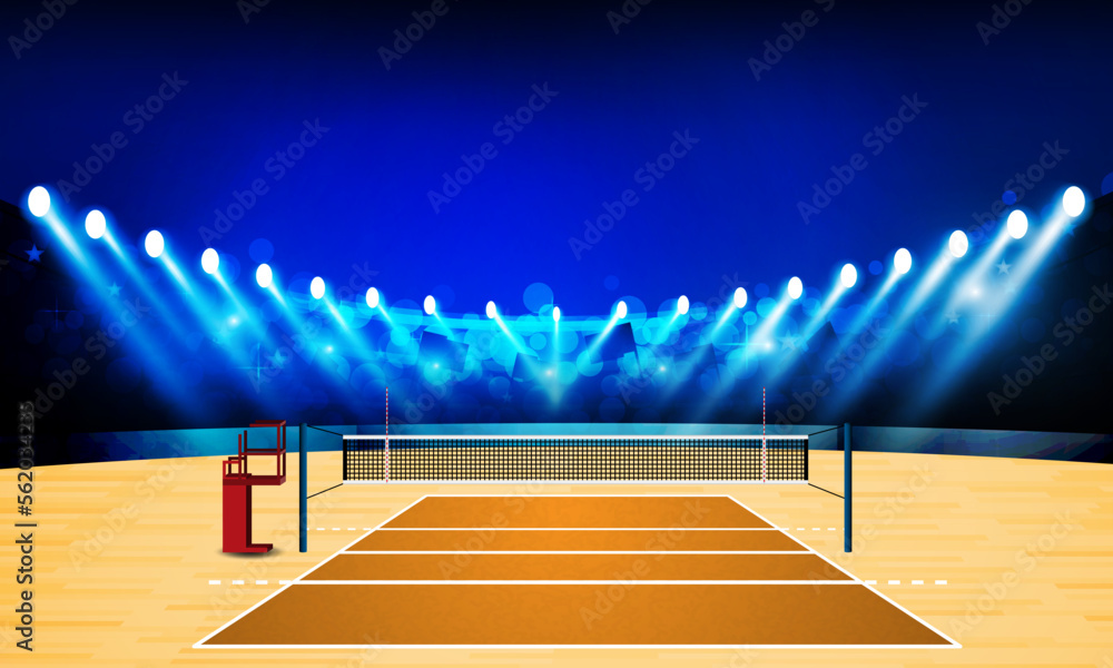 Volleyball court arena field with bright stadium lights design. Vector ...