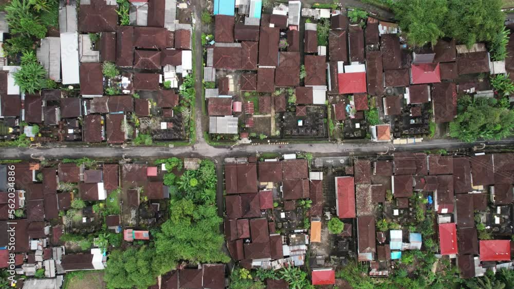 Plan aerial view of Balinese village, straight road and house compounds along it. Most of buildings have tiled roof, some new or temporary awnings using modern materials Plan aerial view of Balinese village, straight road and house compounds along it. Most of buildings have tiled roof, some new or temporary awnings using modern materials