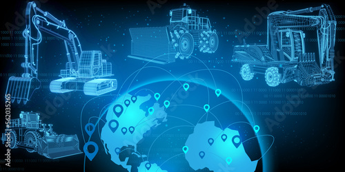 3D rendering illustration excavator and world map location blueprint glowing neon hologram futuristic show technology security for premium product business finance  