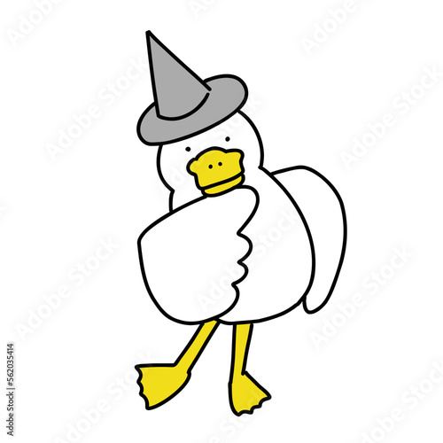 うーん、と考える帽子をかぶったアヒル