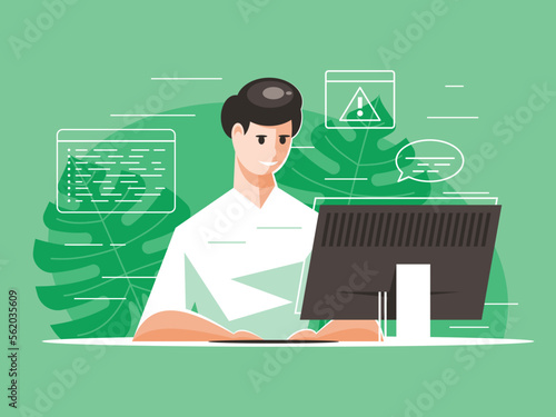 Programmer working on a project. Office worker makes a report on a computer. Business person working on PC. Vector graphics © Vectors