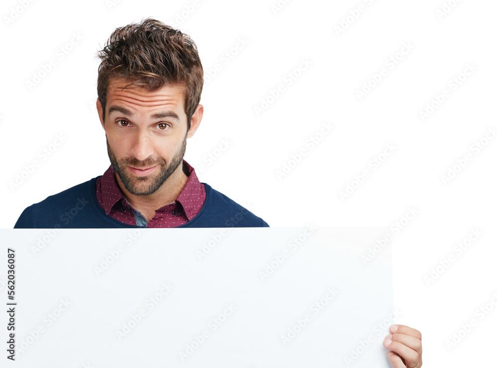 Portrait, marketing or business man with mockup space board for product, advertising or branding poster in studio. Model, smile or businessman with banner, billboard news or logo in white background Portrait, marketing or business man with mockup space board for product, advertising or branding poster in studio. Model, smile or businessman with banner, billboard news or logo in white background