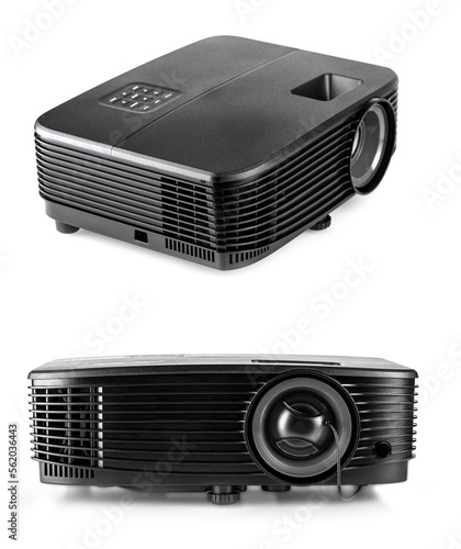 set of black multimedia projectors isolated on white background