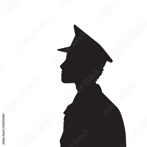Young police man officer from side view vector icon silhouette isolated on plain white background. Simple flat monochrome drawing.