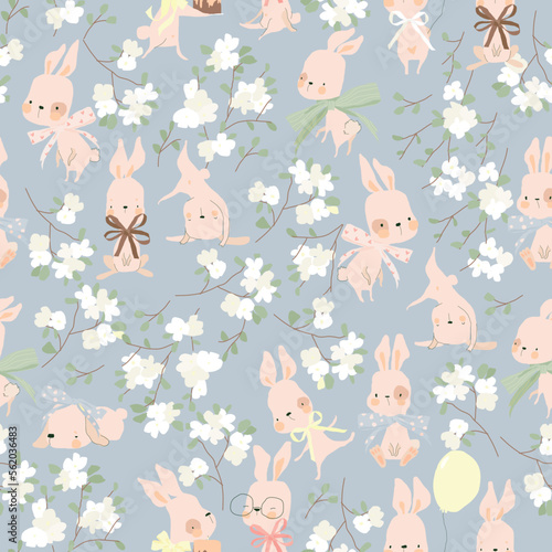 Seamless Pattern with Funny Rabbits and Cherry Blossom