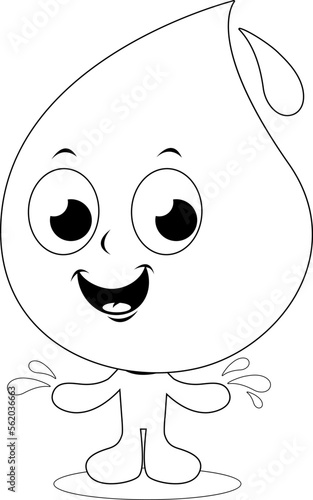 Cute cartoon water drop character. Vector black and white coloring page
