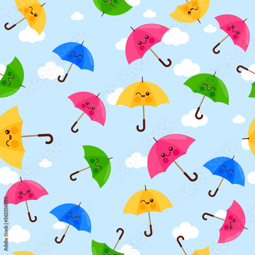 Cute and colorful umbrellas on blue background. Seamless pattern. Vector illustration