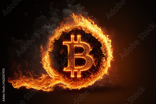burning bitcoin coin on black background, cryptocurrency investment, ai generated art