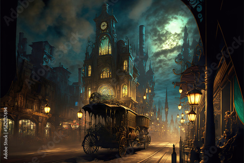 old street in a steampunk city at night, Generative AI