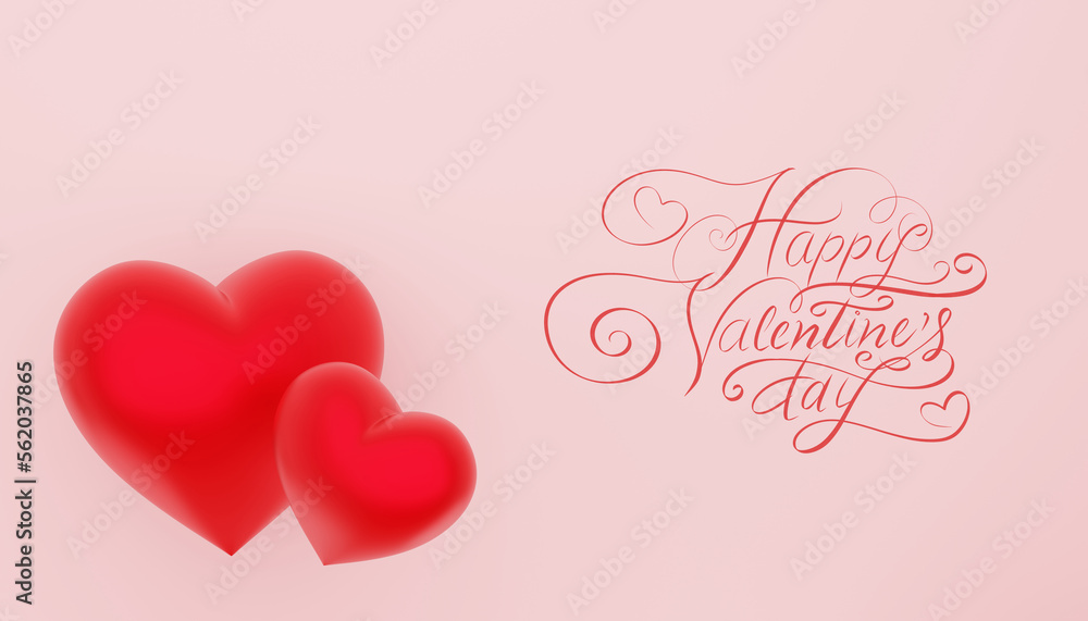 Two red hearts together on pastel pink background with text. 3D rendering