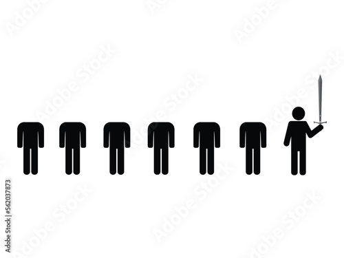 Six silhouettes of mean without head and a man with a sword
