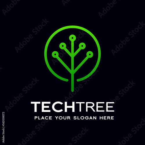 Tree Technology vector logo template. Graphic with gradient and green color. Digital and dot symbol. Suitable for network, nature and connection