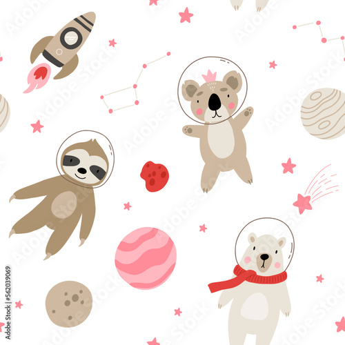 Fototapeta Naklejka Na Ścianę i Meble -  Seamless pattern with cute bear astronauts in space, planets, stars, rocket and constellation. Hand drawn vector illustration. Scandinavian style flat design. polar bear, sloth and koala.