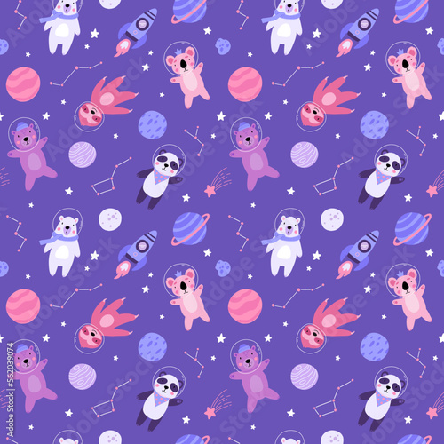 Seamless pattern with cute bear astronauts in space, planets, stars, rocket and constellation. Scandinavian style flat design. Brown, polar and panda bear, sloth and koala. © tanyabosyk