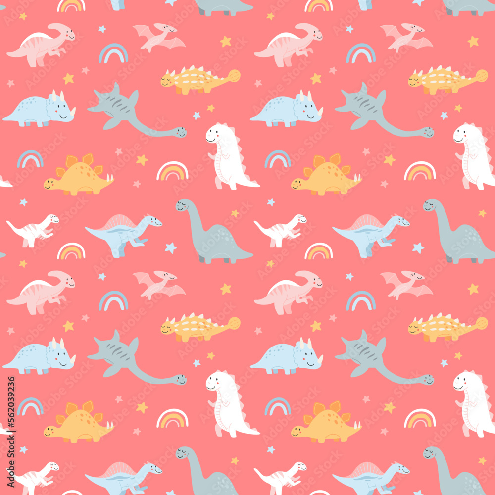 Vector seamless pattern with baby dinosaurs. brontosaurus, tyrannosaurus, pterodactyl, triceratops, stegosaurus, spinosaurus, plesiosaurus, ankylosaurus, velociraptor, parasaurolophus pastel colorss