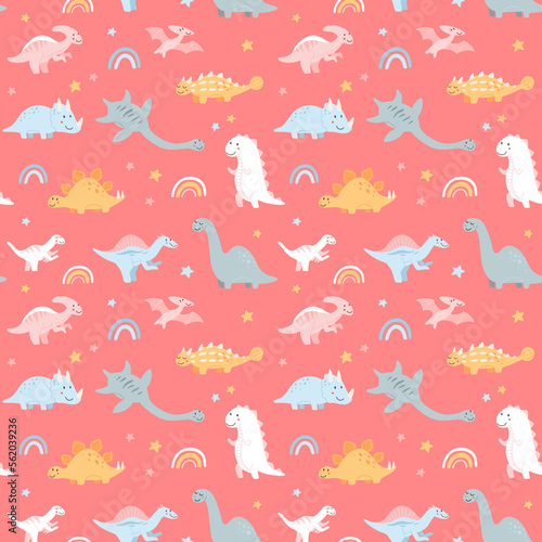 Vector seamless pattern with baby dinosaurs. brontosaurus, tyrannosaurus, pterodactyl, triceratops, stegosaurus, spinosaurus, plesiosaurus, ankylosaurus, velociraptor, parasaurolophus pastel colorss