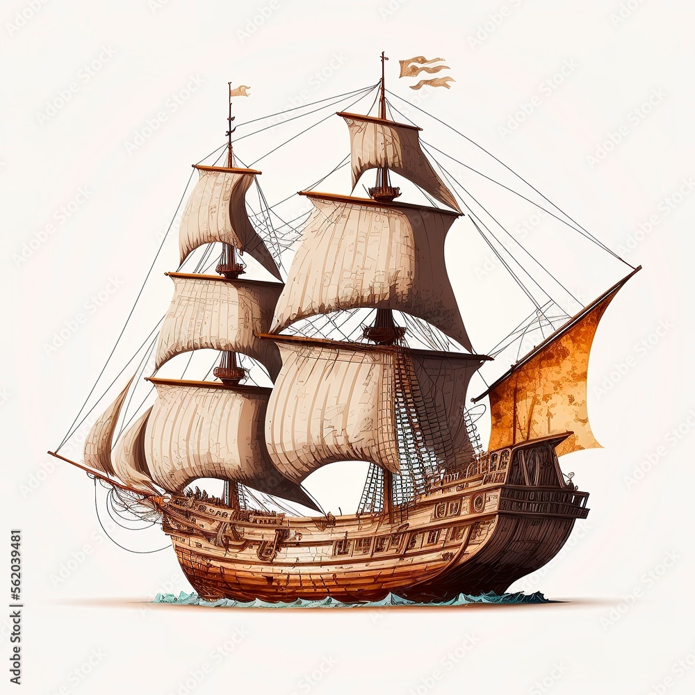 Simple Old caravel, realistic, isolated on white background. Sailboat antique vintage Illustration Isolated On White. generative ai