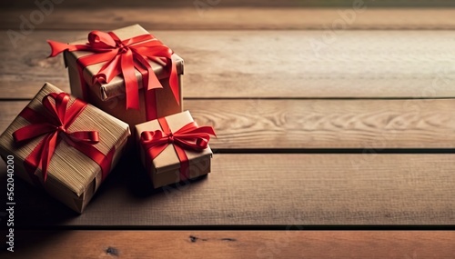 A Stack of Gifts Wrapped in Red Ribbon on a Wooden Table - Holiday Season and Celebrating on top of wooden table