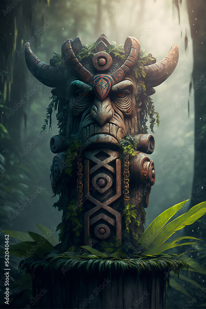 Wooden totem statue in the middle of the jungle. Tribe totem statue with engraved faces and patterns. 3D look totem. Art game asset. Concept art for game. Clan statue.