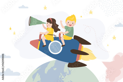 Happy cute kids boy and girl ride rocket. Spaceship launch successful for education concept and study. growing learning. Schoolgirl use spyglass for looking right way, vision.